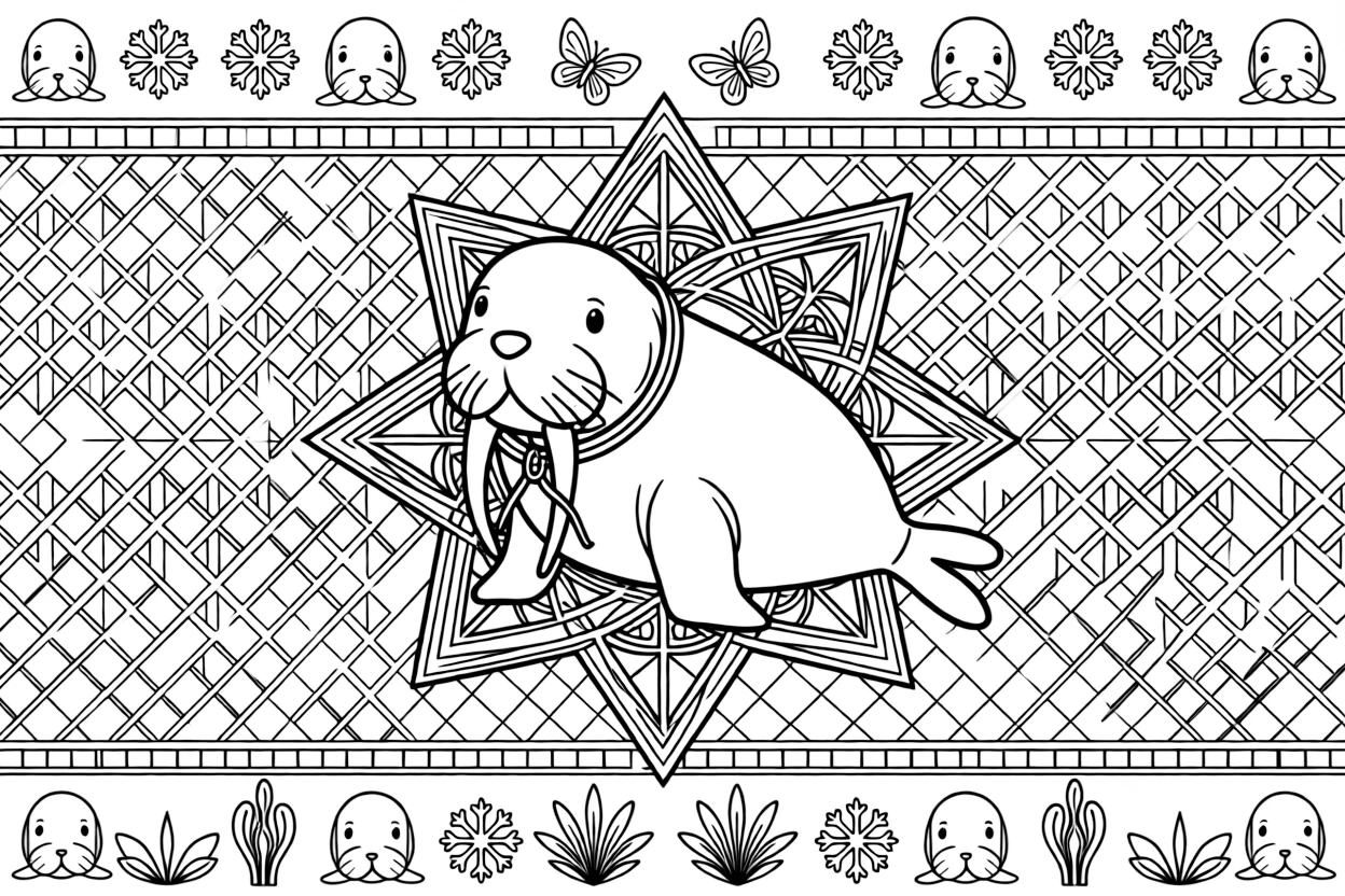Arctic & Polar Animals: The page presents a small themed scene built around a walrus with two long curved tusks, tied together by an eight-point star mandala framing the design. The scene is placed centrally within a scene bordered top and bottom by mirrored rows of smaller matching details. Decorative details fill the surrounding space, including six-point snowflake shapes, rows of small square tiles, and a grid of lattice diamonds woven throughout the background. A playful extra touch completes the page: a pair of small butterflies fluttering near the top of the page.
