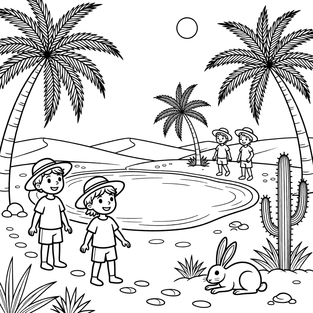 [Desert Dunes] A group of children explore a hidden desert oasis surrounded by palm trees. A family of jackrabbits rests in the shade of a cluster of tall cacti. A hidden oasis with a small pool and palm trees breaks up the golden, sandy landscape. Bright midday sun beats down on the dunes beneath a nearly cloudless sky.