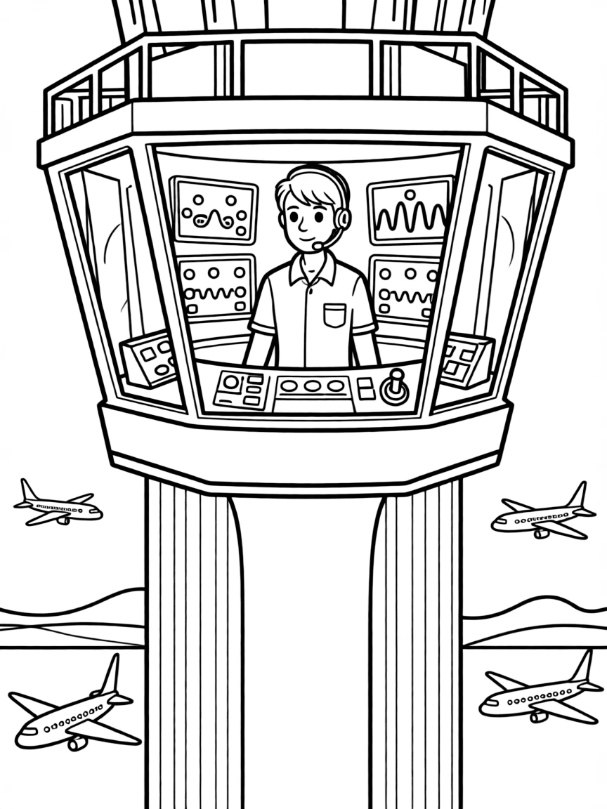 A air traffic controller watches blinking radar screens in a tall control tower.