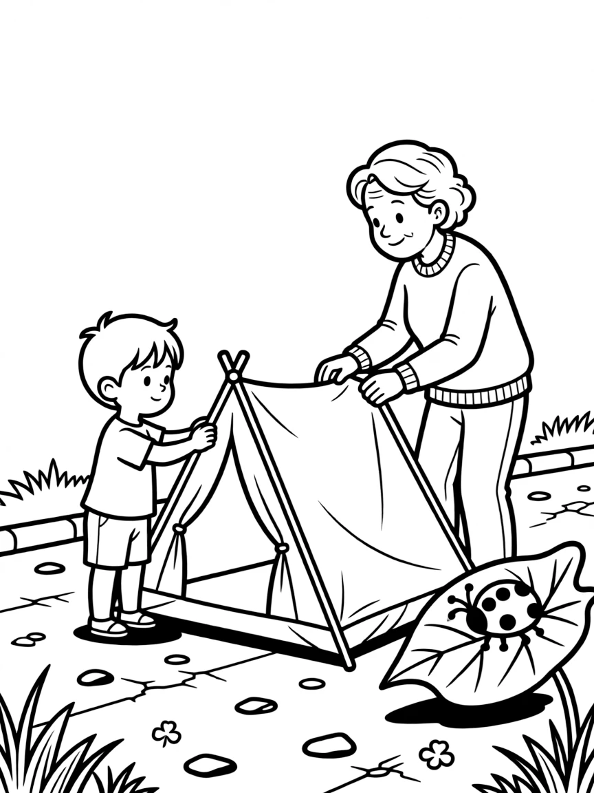 A shy toddler setting up a tent together with a great-grandparent on the sidewalk as a ladybug crawls on a leaf.