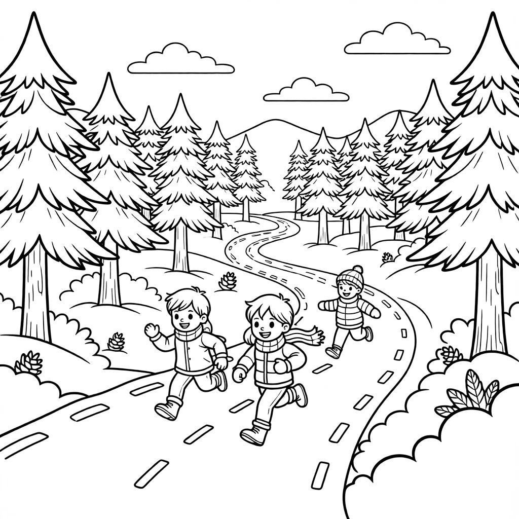 A pair of twin siblings, racing a friend down a marked trail lined with pine trees dusted in snow.