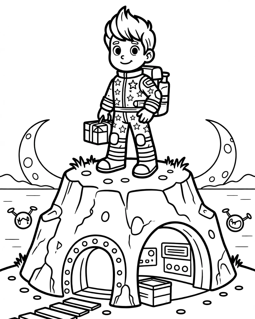 Star Scout Bolt, a young space explorer in a starry spacesuit carrying supplies to a research base at the top of a floating mountain, in a secret underground base hidden beneath a volcano, with a pair of moons rising over the horizon and tiny drones buzzing around delivering packages nearby.