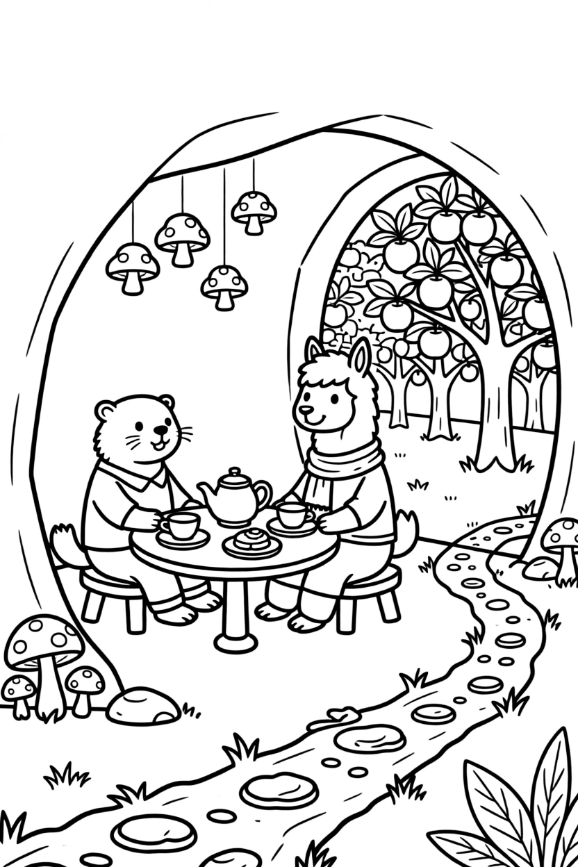 A otter in a cave glowing with mushrooms, having a tea party with a llama, next to a apple orchard, with a trail of tiny footprints in the mud.