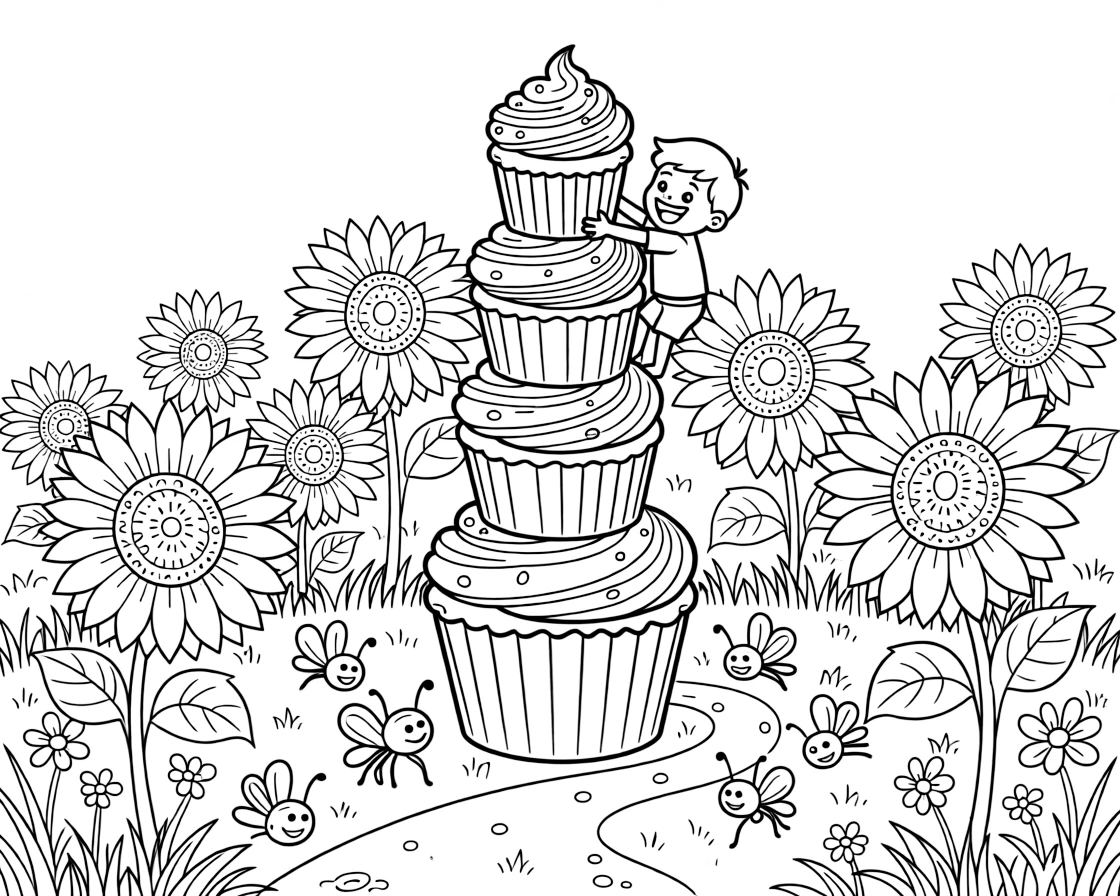 Brave and full of excitement, a spider acrobat spends the day decorating a tower of cupcakes with sprinkles in a meadow bursting with giant sunflowers. Nearby, twinkling fireflies lighting up the path adds to the fun. The whole crew is grinning from ear to ear.