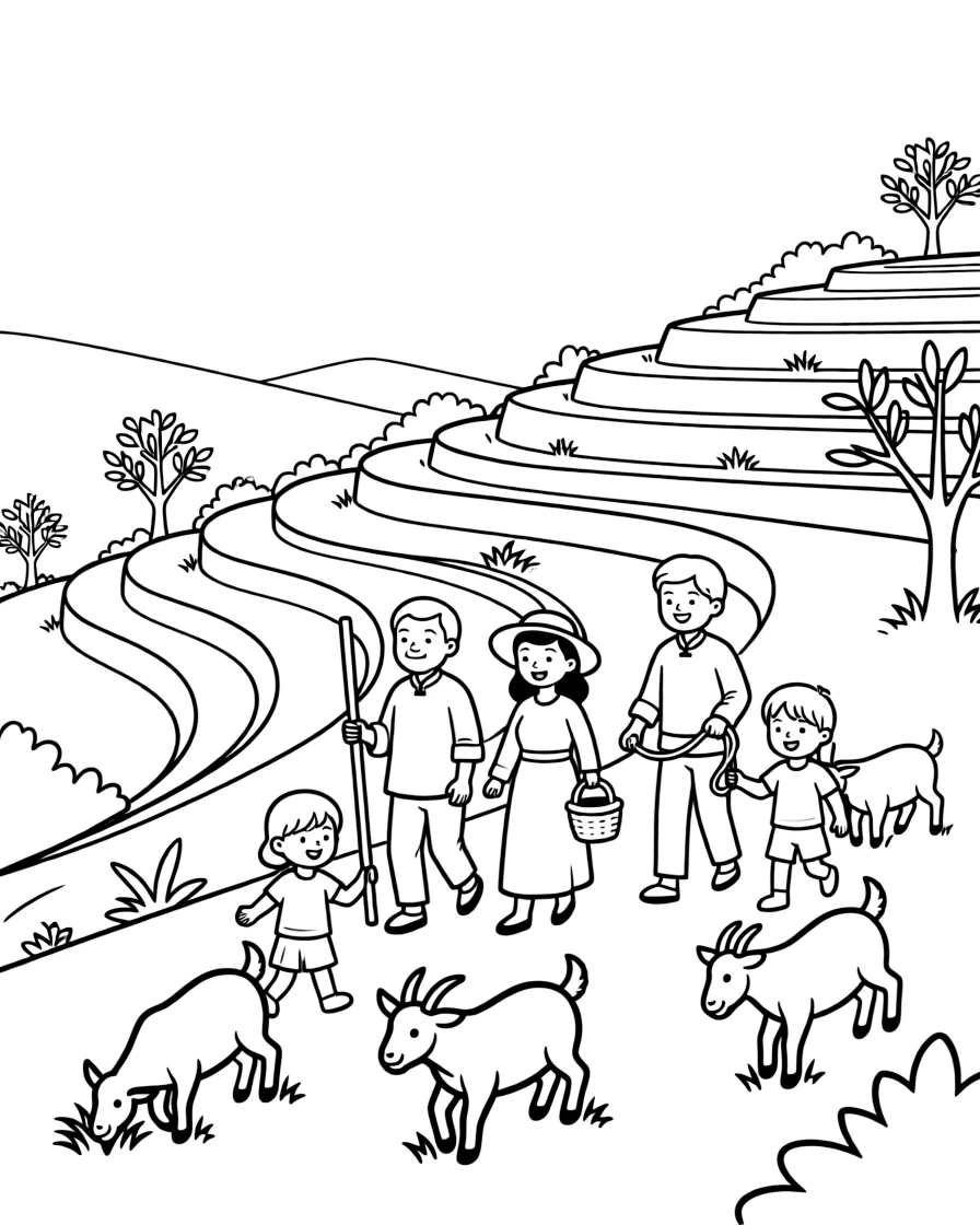 A coloring page of a family herding goats along a terraced green hillside in Ethiopia, showing grandparents, parents, and children all taking part together in the fun.