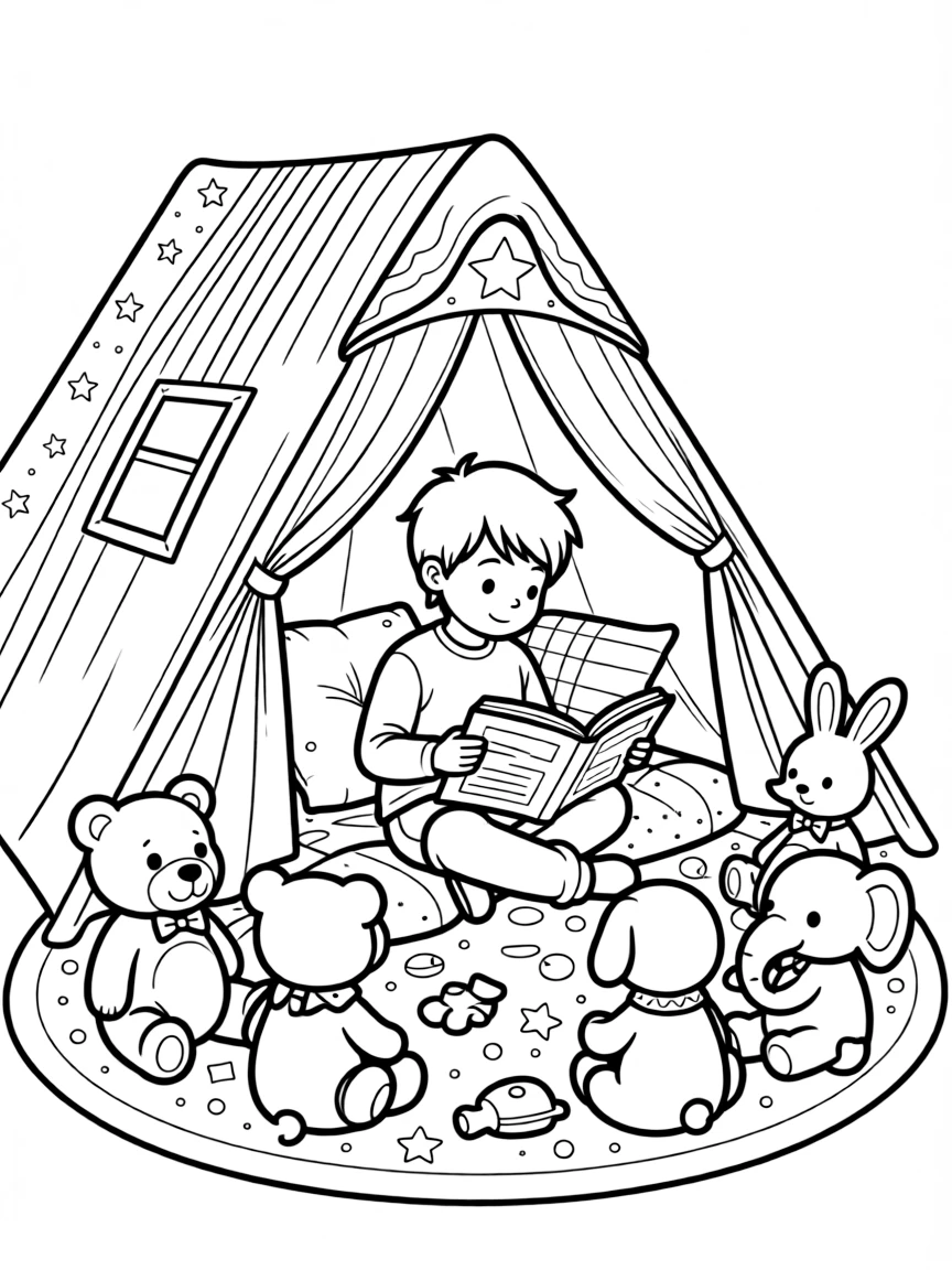 a determined little boy sits in a blanket fort and reads aloud to a circle of stuffed animals arranged like an attentive audience.
