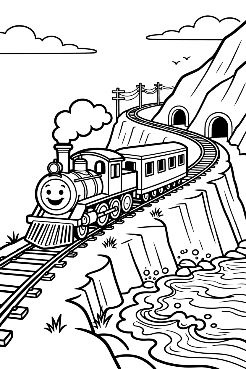 [Trains] A dynamic scene shows a classic steam locomotive chugging along a mountain track along a coastline with waves crashing below, smiling proudly. Close by, tunnels and tracks wind into the distance. Telephone poles line the tracks in the distance. The moment unfolds at sunset, under clear blue skies, filled with energetic detail perfect for a young colorist.