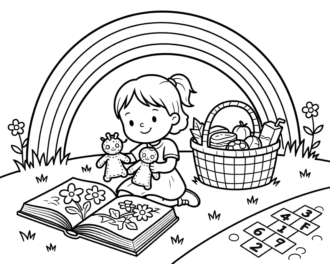 A girl puppeteer working her hand-sewn puppets is pressing flowers between the pages of a big book beside a rainbow arching after the rain. Nearby, a picnic basket overflowing with treats and a hopscotch grid chalked onto the pavement round out the happy picture.