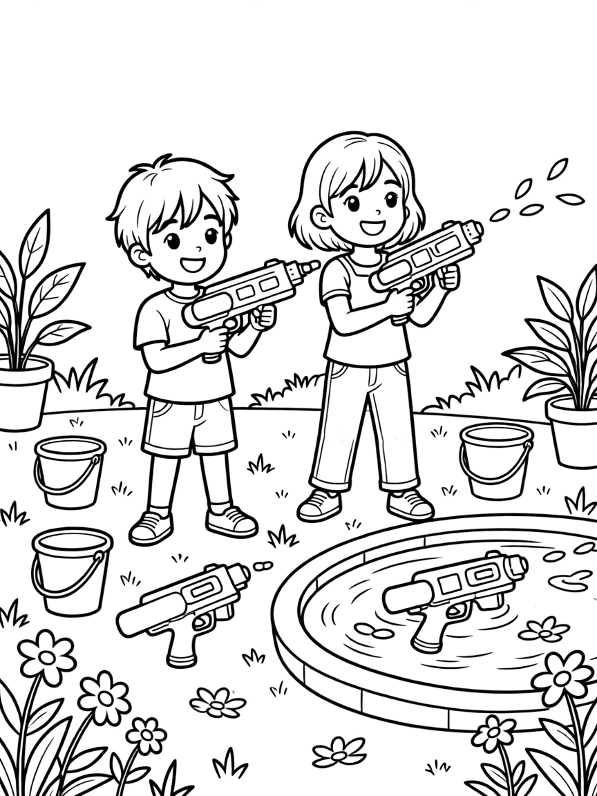 Children armed with colorful water guns in a courtyard where buckets and water guns are ready for play, with a bright plastic water gun and floating flower petals on the water nearby.