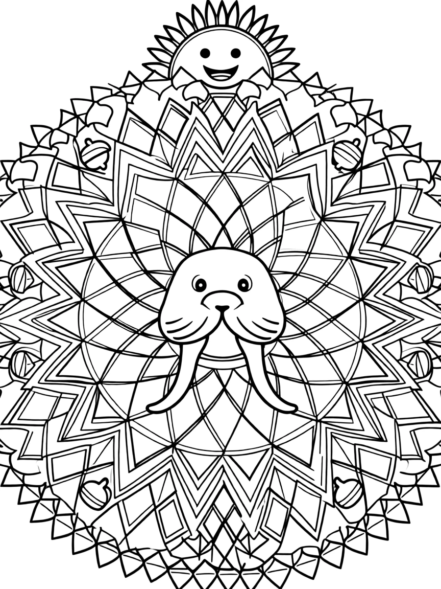 Arctic & Polar Animals: The design turns a walrus with two long curved tusks into a kaleidoscope-style composition anchored by a diamond lattice mandala crossing over itself in a grid. The imagery is broken into repeating fragments that spin outward from the center in a kaleidoscope-style circle of matching wedges. Decorative details fill the surrounding space, including clusters of tiny acorns, rows of teardrop-shaped petals, and angular crystal facets woven throughout the background. A playful extra touch completes the page: a friendly round sun peeking in from behind the top edge.