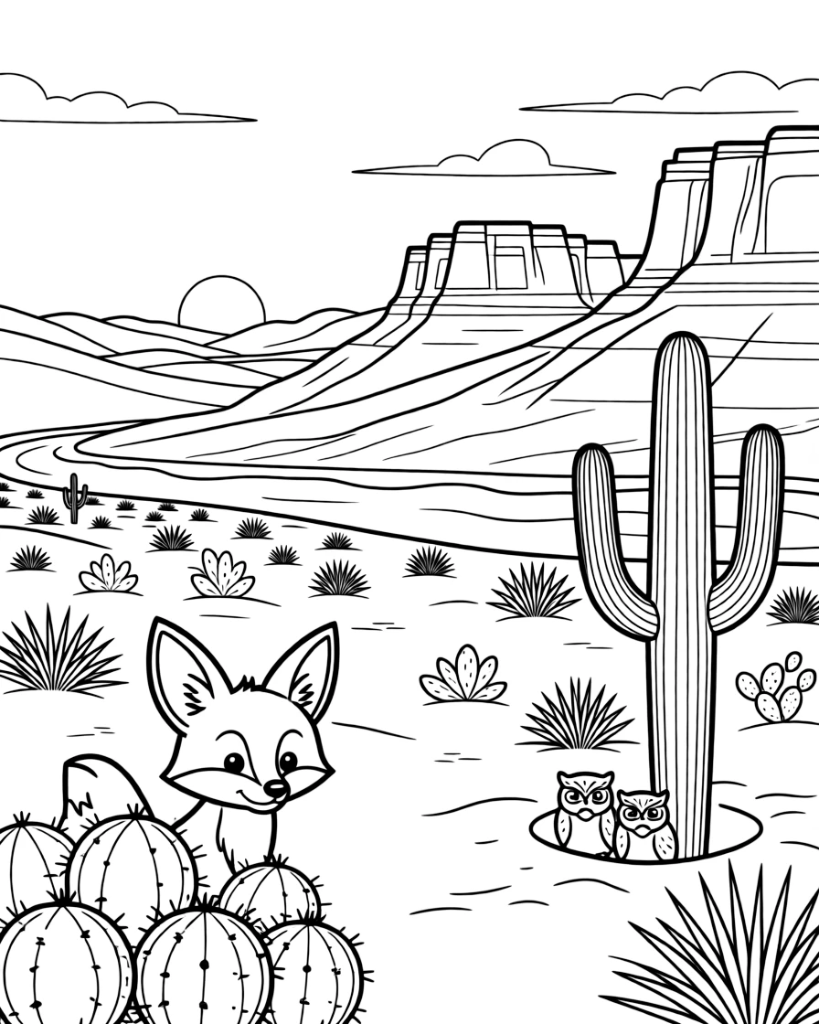[Desert Dunes] A curious desert fox pokes its oversized ears out from behind a cluster of round cacti. A pair of desert owls peek out from a hole in a tall saguaro cactus. Layered red rock formations rise beside a dry riverbed dotted with hardy desert plants. The sky glows orange and pink as the sun sets behind the rolling dunes.