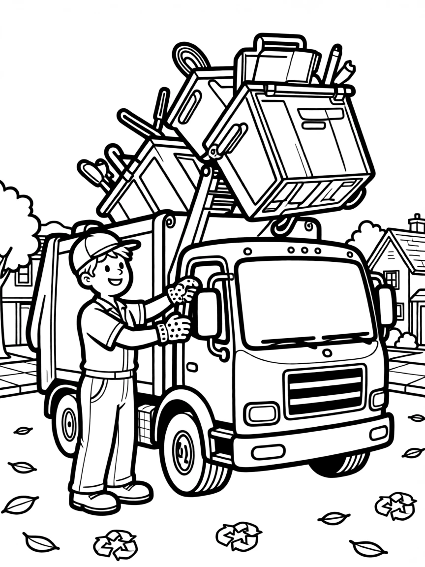 A garbage truck driver operates levers to lift and empty a trash bin.