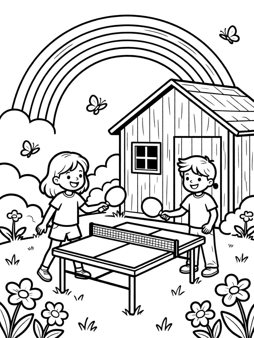 A cheerful girl playing table tennis with a neighbor kid by a garden shed with a rainbow arching overhead.