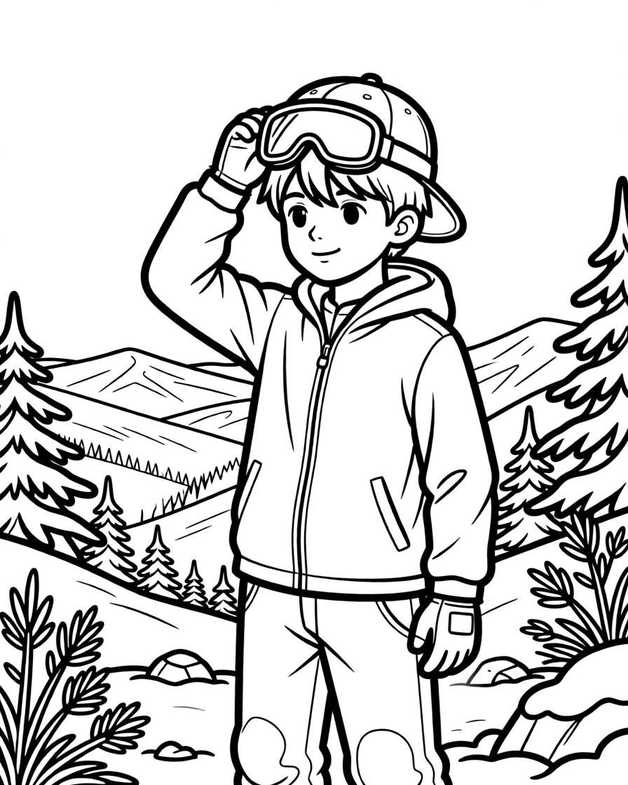 A confident boy wearing a bright cap, adjusting ski goggles at the top of a mountain overlooking a snowy valley.
