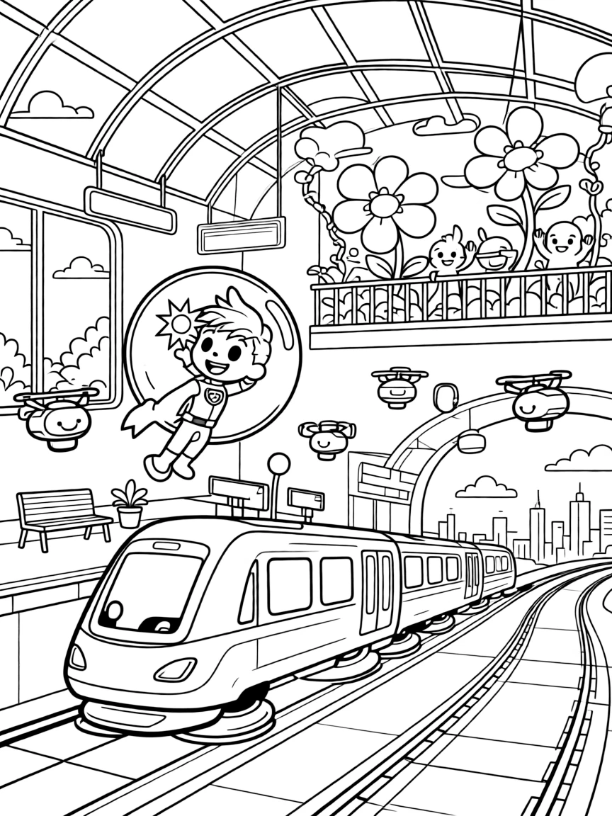 Scout Titan, a brave bubble-shielded superhero kid harvesting solar energy crystals with a floating drone crew, in a bustling train station for hover-trains connecting floating cities, with a garden of oversized glowing flowers and friendly aliens waving from nearby balconies nearby.