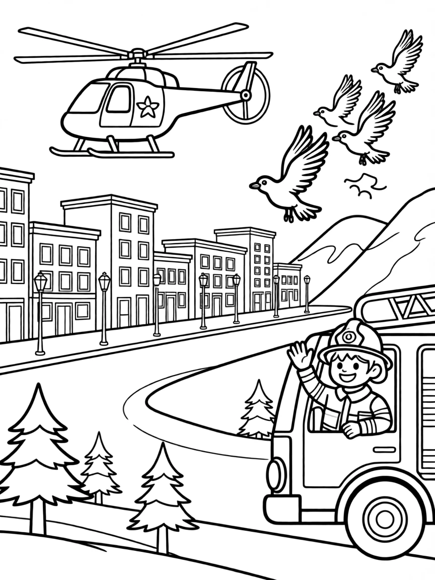 A police helicopter circling above a city block takes center stage in a snowy mountain pass with pine trees dusted in white, where a proud firefighter leaning out to wave can be seen nearby, surrounded by a flock of birds flying alongside in formation.