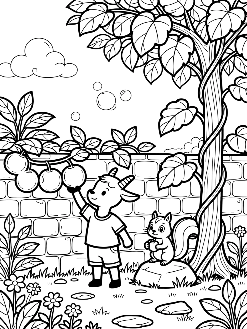 A goat kid in a secret garden behind a stone wall, harvesting ripe fruit alongside a chipmunk, next to a giant beanstalk, as bubbles float up into the sky.