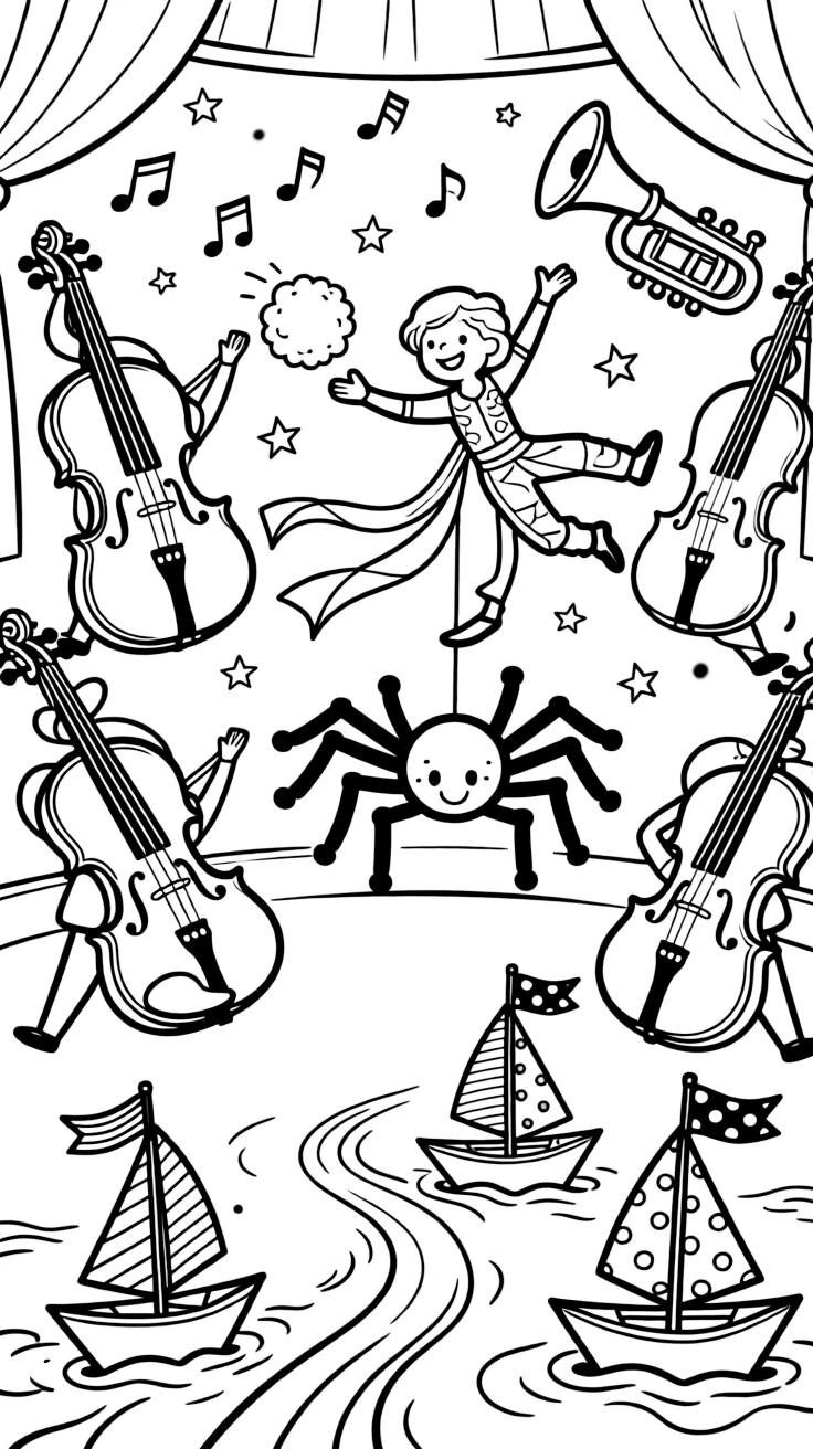 In a music hall filled with dancing instruments, a dreamy spider acrobat discovers the joy of having a joyful snowball fight, while a fleet of tiny paper boats racing along watches happily nearby. It's shaping up to be the happiest day in the whole kingdom.