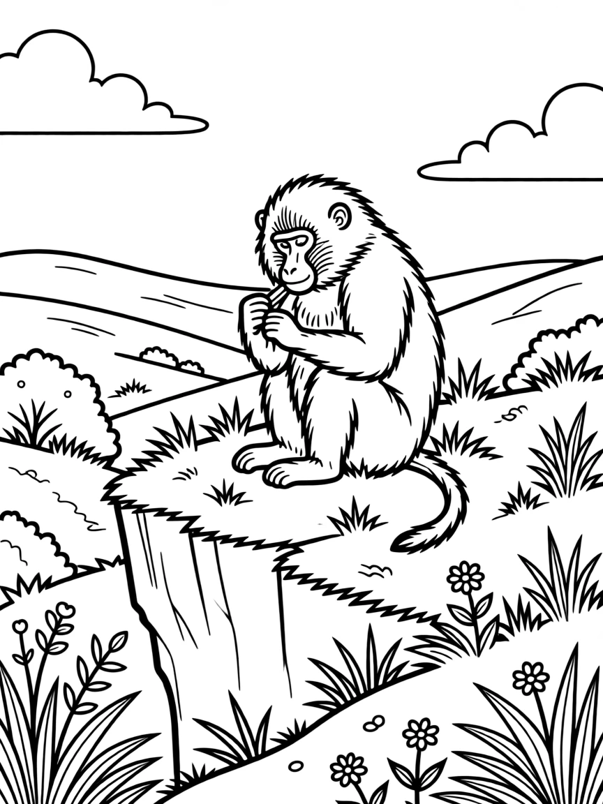 A coloring page of a gentle nature scene in Ethiopia featuring a gelada monkey grooming on a grassy highland cliff, surrounded by plants, rolling hills, and a bright sky.
