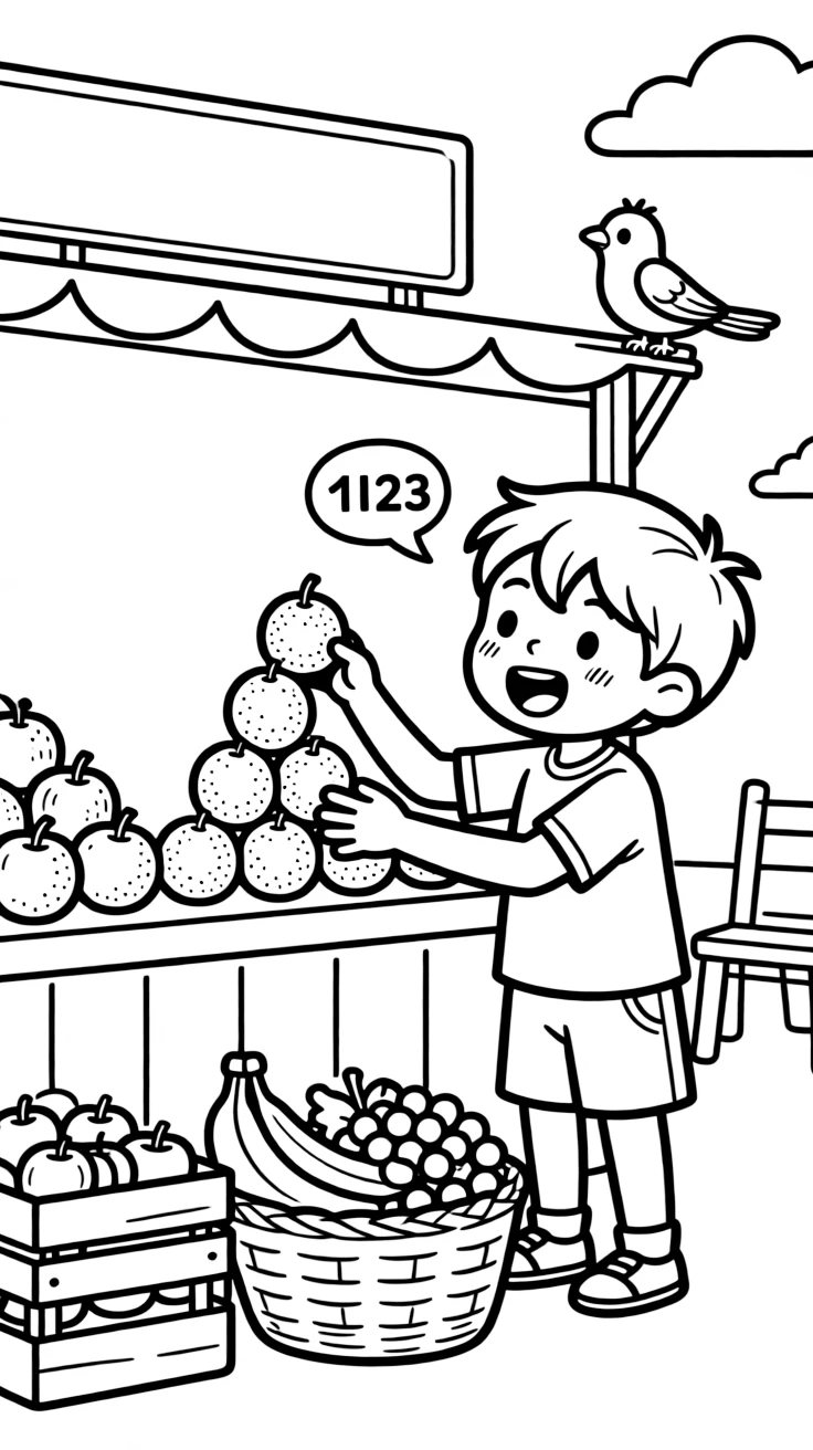 a determined little boy builds a pyramid out of stacked oranges at a fruit stand while counting them.