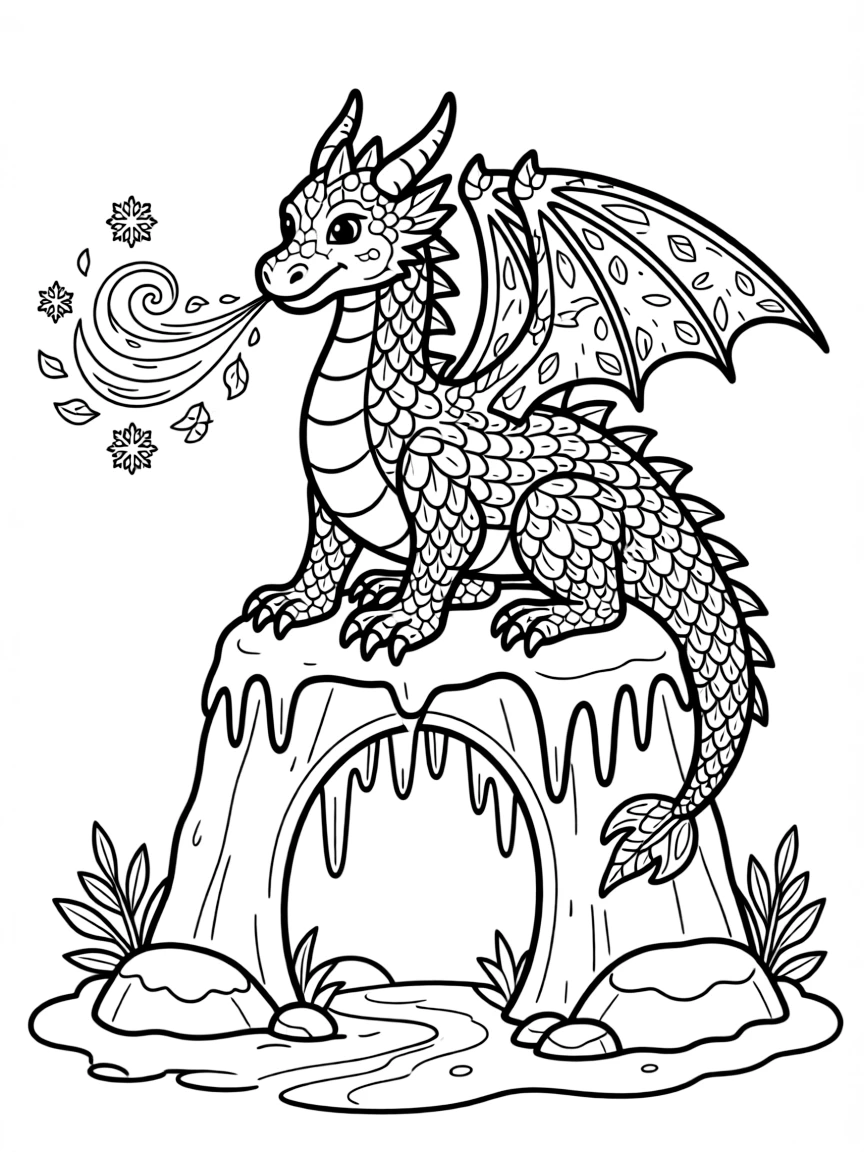 A crystal-covered dragon perches atop a glittering ice cave, its breath forming delicate patterns of frost in the air.