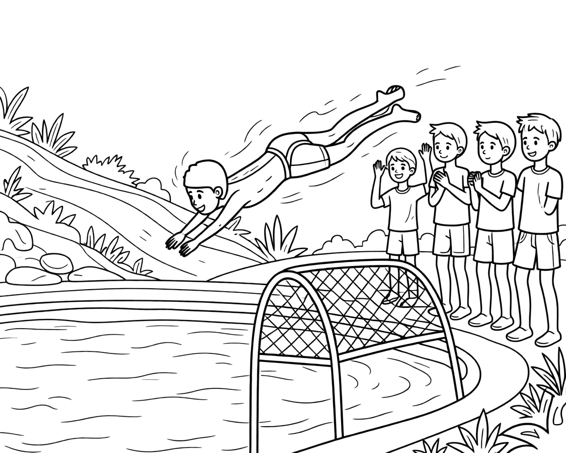 [Sports] a young swimmer diving in diving into a pool along a mountain bike trail, concentrating hard with a focused expression. Nearby, teammates cheer from the sidelines. A goal or hoop stands ready in the frame. The scene is captured at high noon, with dust kicked up by the wind, giving the page a lively and adventurous feel that invites plenty of colorful detail.