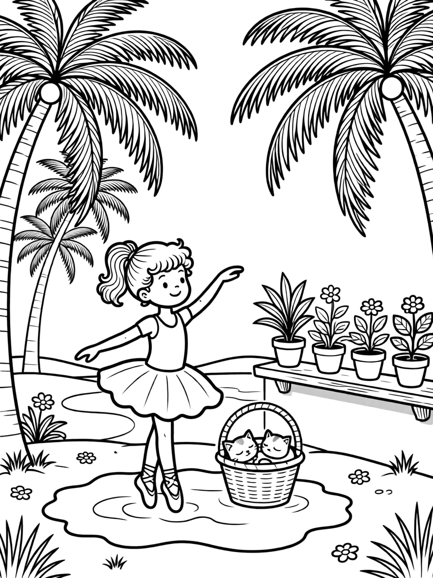 A girl with curly hair tied in a ponytail is practicing gentle ballet twirls at a desert oasis ringed with palm trees. a basket of sleepy kittens curled together and a row of potted plants along a windowsill make the setting feel extra special.
