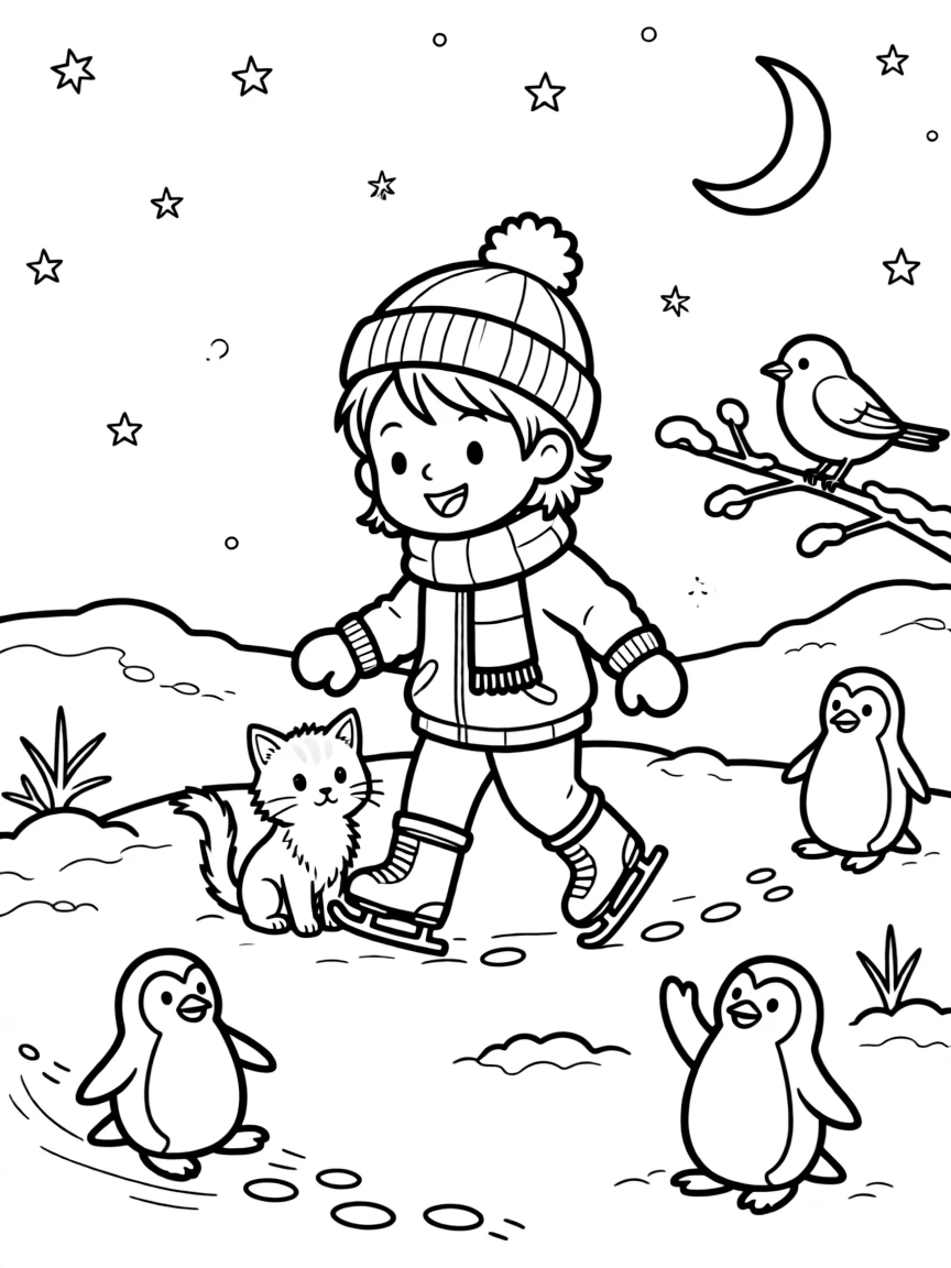 A curious kitten sitting beside a child taking their first wobbly steps on skates on a snowy rooftop under a starry night sky, with a robin perched on a snowy branch and a trio of playful penguins scattered about.