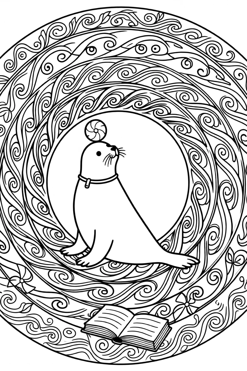 Arctic & Polar Animals: The main subject is a seal balancing a small ball on its nose, drawn as the focal point of a spiral mandala that winds gently from center to edge. It is centered on the page, anchoring a design that expands outward in smooth, even waves. Decorative details fill the surrounding space, including swirling vine tendrils, rows of curling wave shapes, and pinwheel blades spinning in place woven throughout the background. A playful extra touch completes the page: a tiny open book resting at the base of the design.