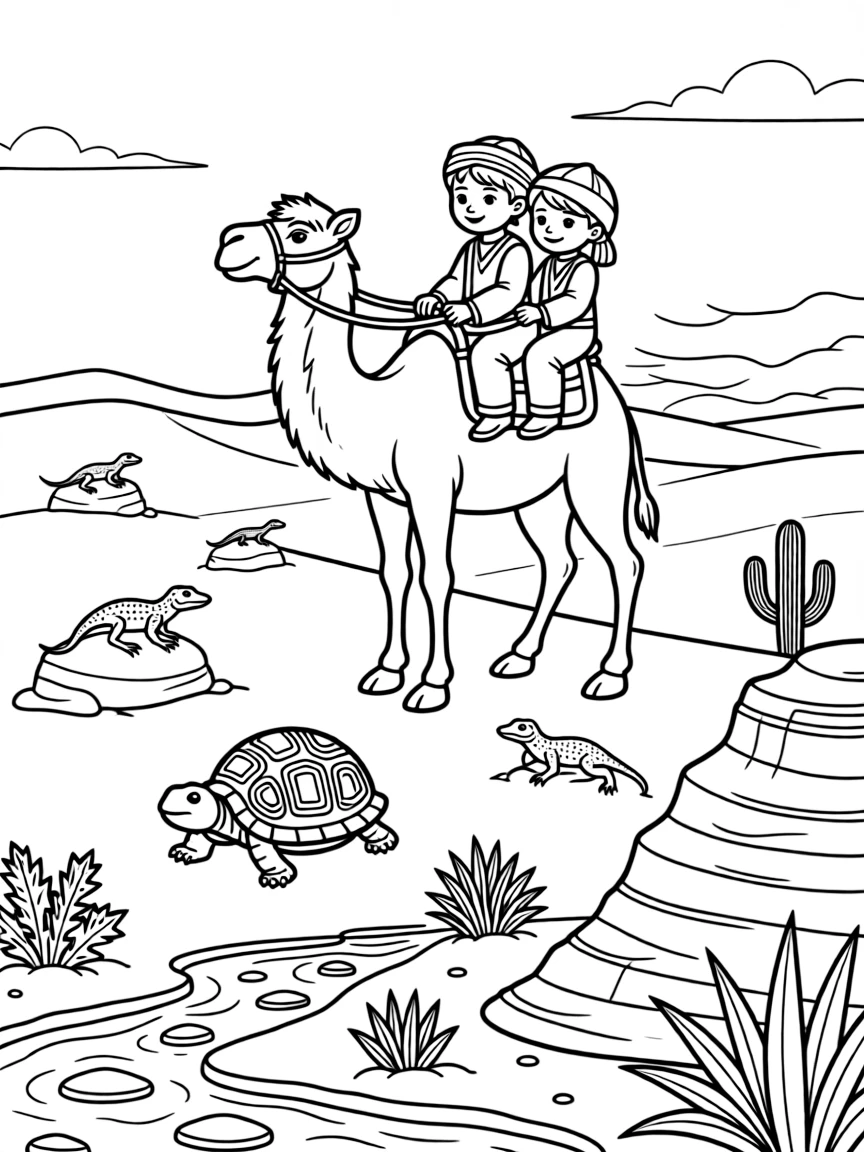 [Desert Dunes] A friendly camel carries two children across a sea of rolling sand dunes at sunset. Lizards bask on sun-warmed rocks while a tortoise slowly makes its way across the sand. Layered red rock formations rise beside a dry riverbed dotted with hardy desert plants. The sky glows orange and pink as the sun sets behind the rolling dunes.