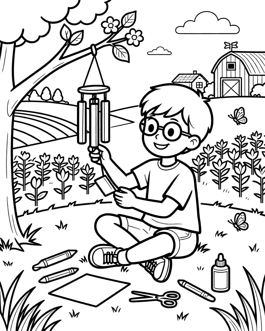 A boy with glasses working on a group art project at a farm field trip as a wind chime tinkles softly.