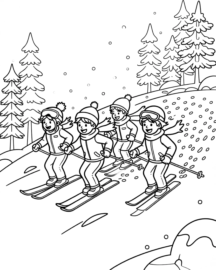 A group of classmates, building speed down a long run as snow sprays behind the skis.