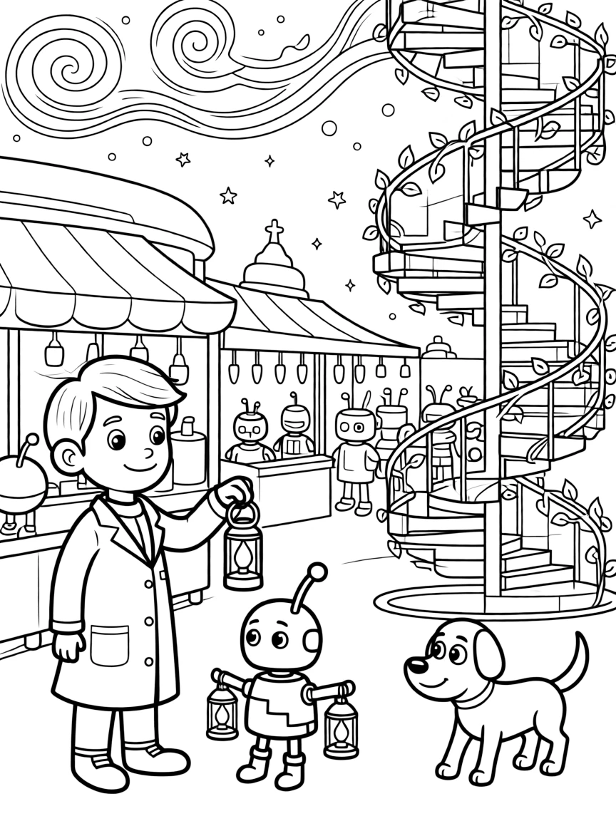 Plorf, a curious alien scientist guiding a lantern-lit parade of robots through a night market, in a research base at the edge of a swirling nebula, with a robot dog wagging its antenna tail and a spiral staircase wrapped in glowing vines nearby.