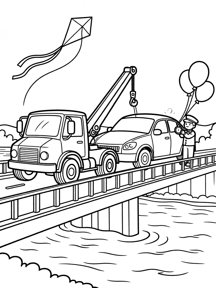 This page centers on a tow truck lifting a stranded car with a hook exploring a long bridge stretching over a sparkling river, featuring a cheerful conductor checking a pocket watch and little extras like a kite dancing in the breeze above and balloons tied to the rearview mirror.
