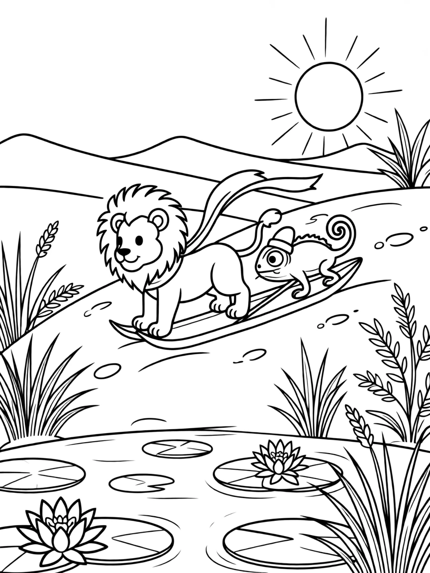 A lion cub along a dusty savanna trail, sledding down a snowy hill with a chameleon, next to a water lily pond, as the sun sets in soft colors.