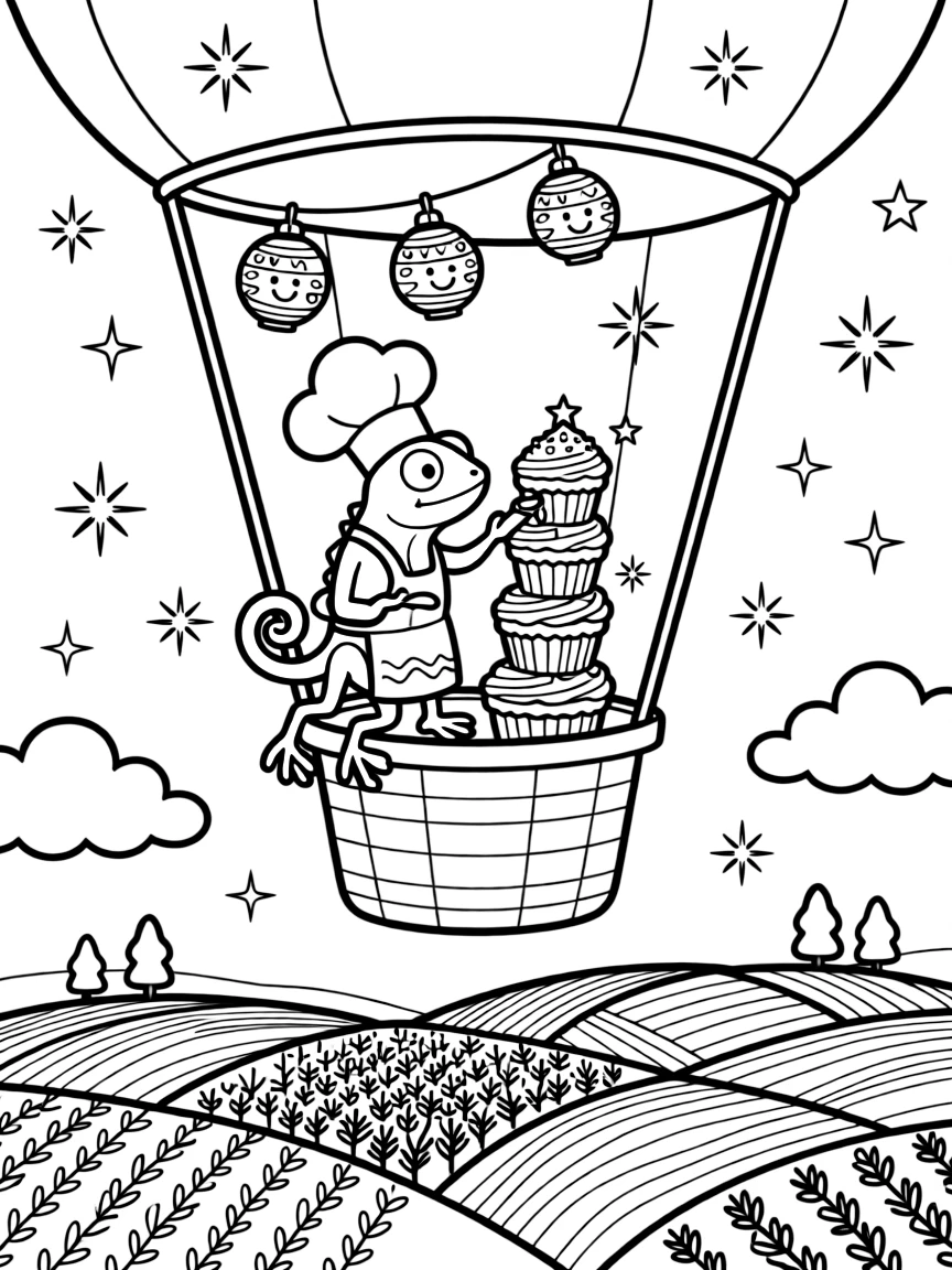 On a hot air balloon ride over a patchwork valley, a bouncy chameleon chef discovers the joy of decorating a tower of cupcakes with sprinkles, while a string of lanterns swaying gently overhead watches happily nearby. Sparkles and stars fill the air with magic.