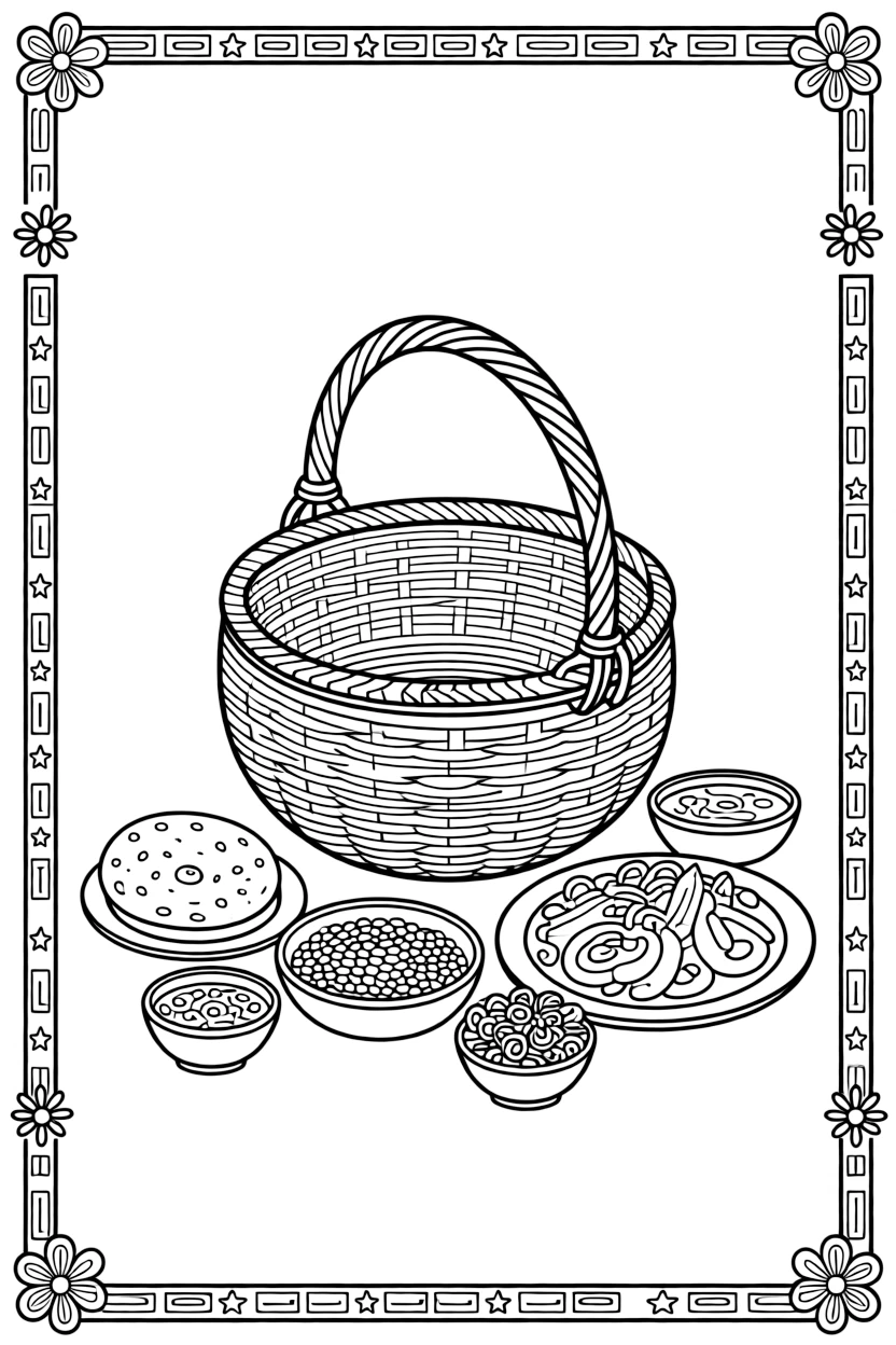 A coloring page featuring a woven basket (mesob) used to serve a family meal from Ethiopia, framed by a simple border of flowers, stars, or geometric patterns from the region.