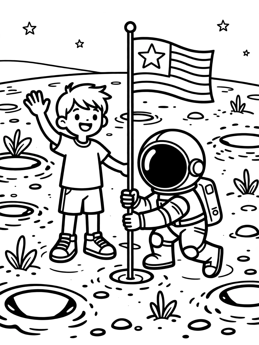 a determined little boy waves to an astronaut friend planting a flag on a cratered moon surface.