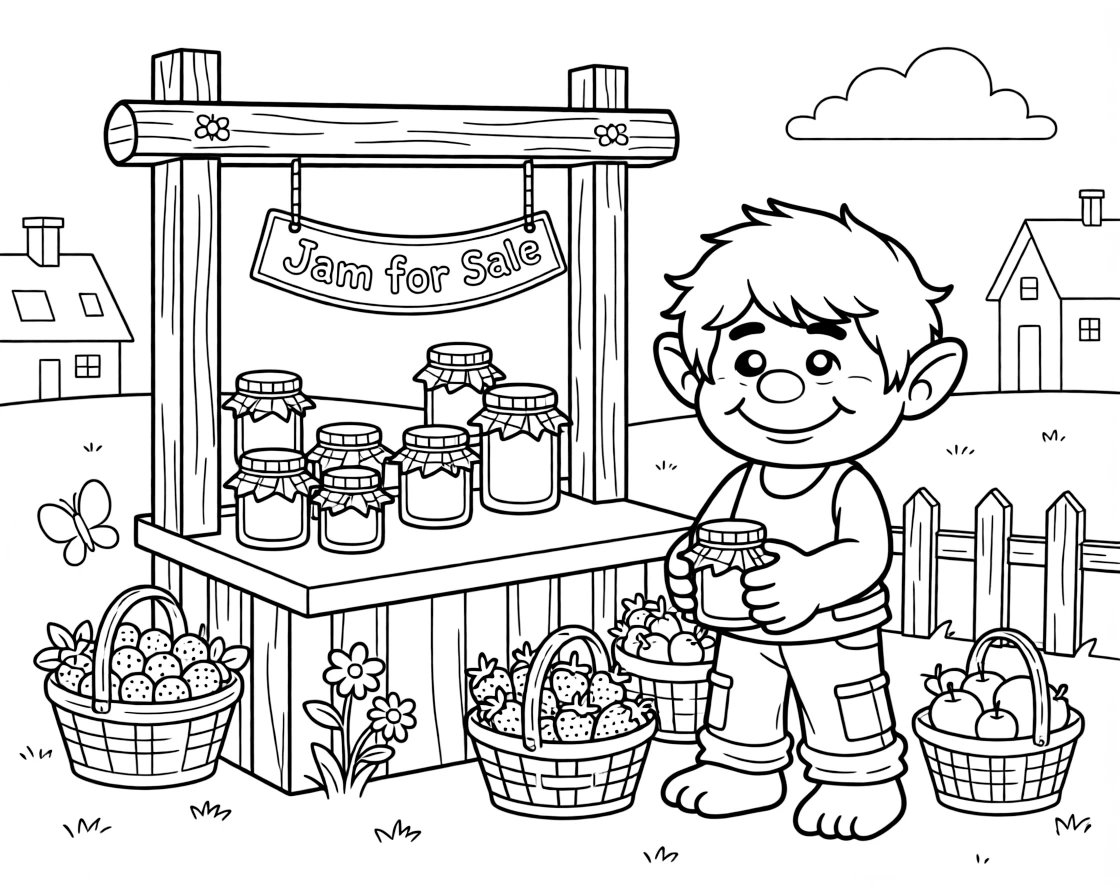 A cheerful troll sells homemade jam at a village market stall, his enormous hands surprisingly gentle with the tiny jars.