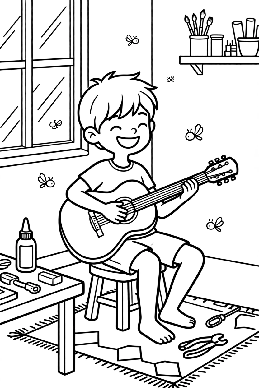 [Hobbies] a young musician playing a guitar strumming a cheerful tune in a sunny art studio, smiling proudly, while spare parts and glue sit nearby fills the surrounding area. Small details invite careful coloring choices. Set during a bright summer day, with fireflies beginning to glow, the page bursts with adventure and imagination.