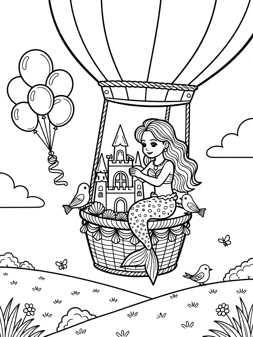 A mermaid girl with a glittering tail is building a tall sandcastle decorated with seashells aboard a hot air balloon drifting over rolling hills. In the background, a cluster of bouncing balloons tied with ribbon and friendly songbirds perched close by make the setting feel extra special.