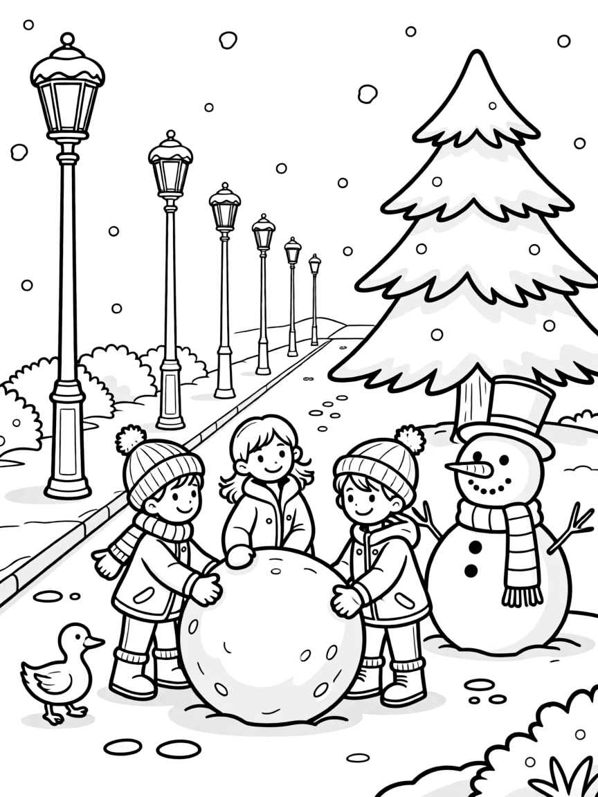 A family rolling giant snowballs together on a quiet street lined with snow-capped lampposts, alongside a waddling duckling and a snow-covered pine tree, with a cheerful snowman with a striped scarf close by.