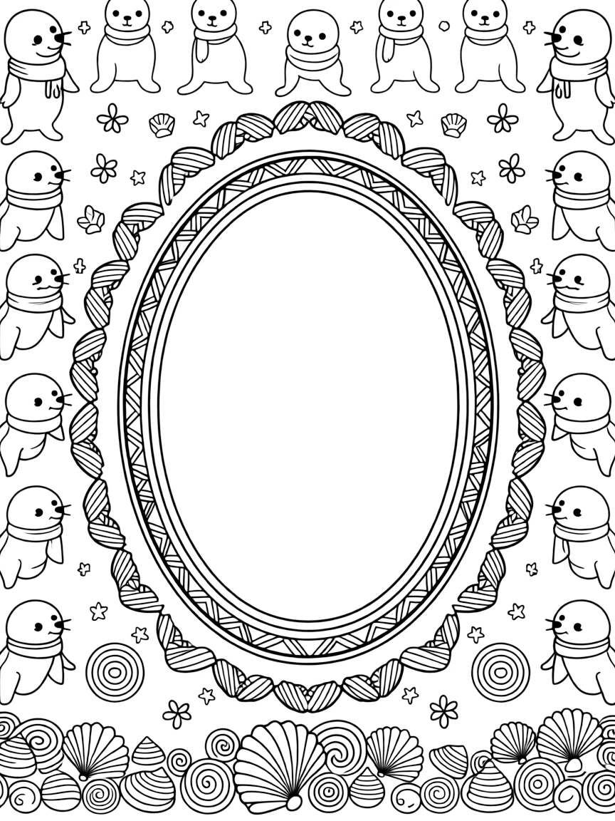 Arctic & Polar Animals: The page centers on a repeating motif of a seal balancing a small ball on its nose, built around an oval medallion mandala framed by a double border. The motif is lined up along the top and bottom edges, mirrored by a matching row along the left and right sides. Decorative details fill the surrounding space, including tightly coiled spiral shells, fan-shaped feather clusters, and tiny pinwheel stars woven throughout the background. A playful extra touch completes the page: a cluster of small seashells scattered along the bottom border.