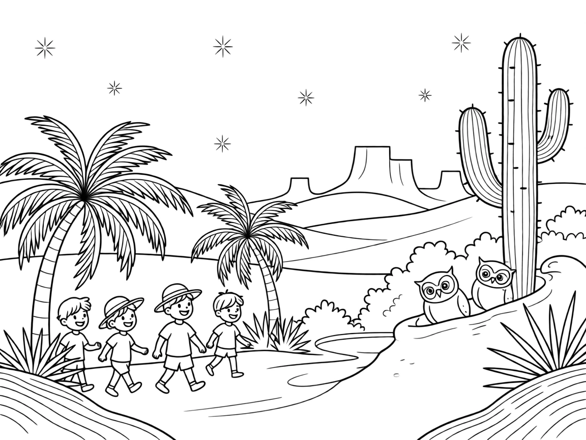 [Desert Dunes] A group of children explore a hidden desert oasis surrounded by palm trees. A pair of desert owls peek out from a hole in a tall saguaro cactus. Rolling sand dunes stretch toward distant rocky mesas beneath a wide open sky. Stars begin to appear over the desert as the sand cools in the evening air.