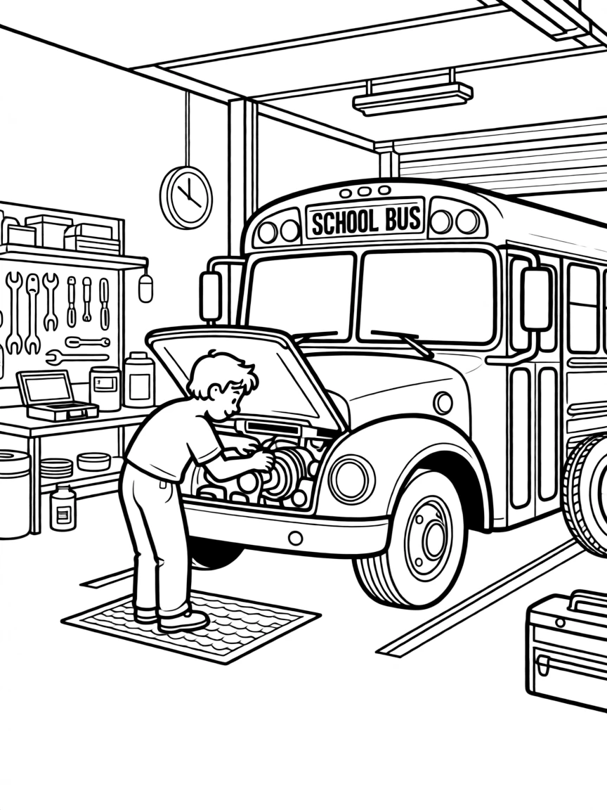 A school bus mechanic checks the engine of a bus in a repair garage.