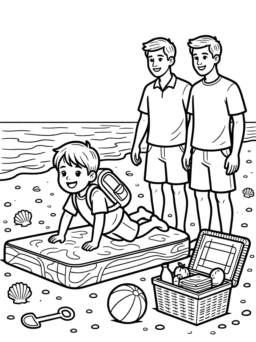 A boy with a backpack tumbling on gymnastics mats with two dads at the beach with a picnic basket nearby.