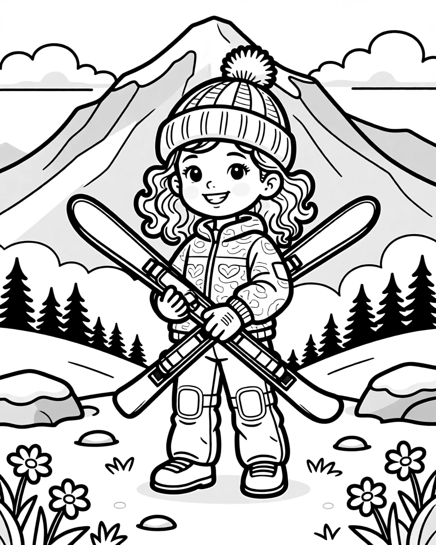A little girl with curly hair, posing for a photo at the summit with skis crossed and mountains behind.