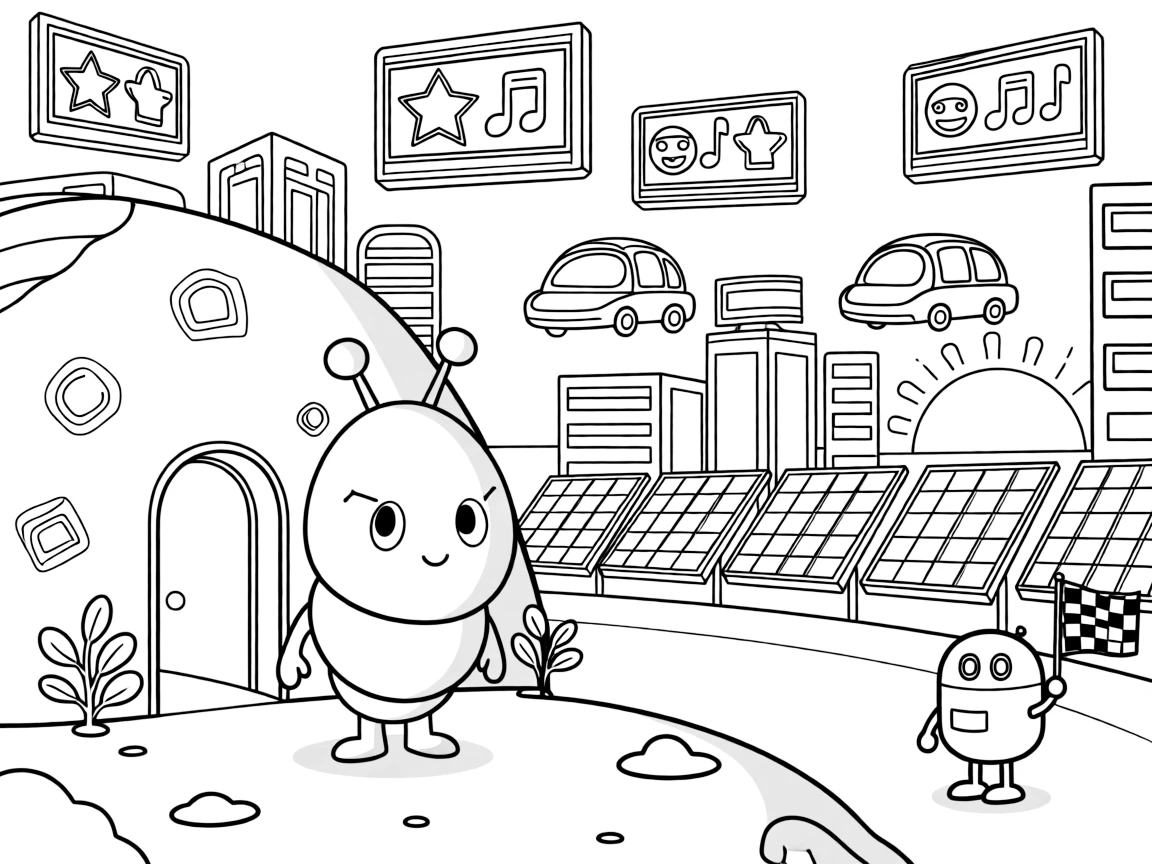 Sprocket, an alien musician with a spiral shell body discovering a hidden door inside an ancient asteroid, in a cheerful cyber city lit up with neon signs and hover-billboards, with a row of solar panels catching the sunset and a friendly robot waving a checkered flag nearby.