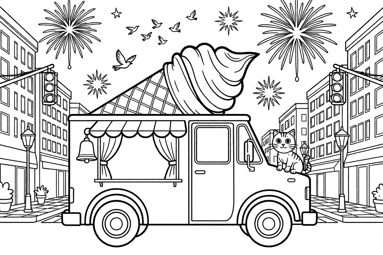In this scene, a swirly-topped ice cream truck with a jingling bell is the star of a bustling city street lined with tall buildings and traffic lights, joined by a curious cat perched on the hood, with a flock of birds flying alongside in formation and fireworks bursting in the sky in the background scattered throughout for kids to color.