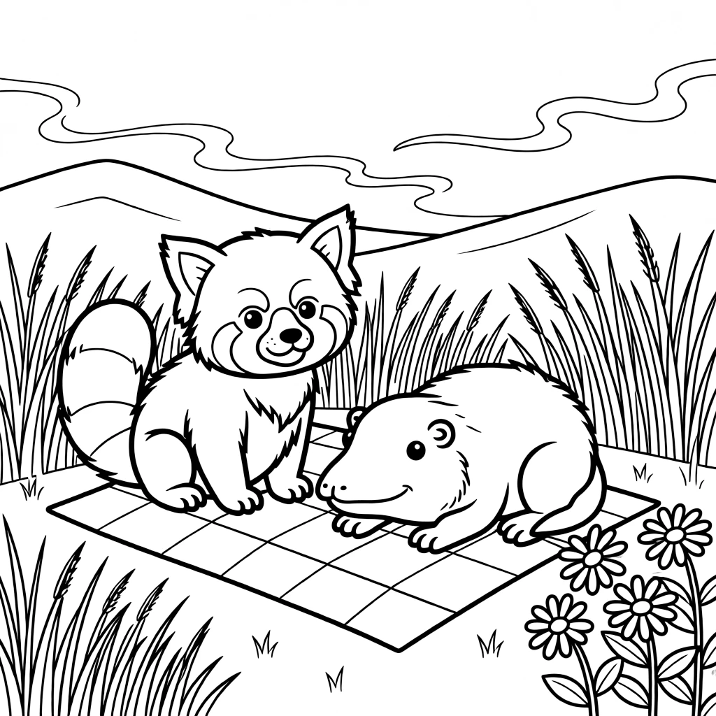 A red panda stargazing on a blanket with a platypus in a field of tall grass, near a bed of daisies, while morning fog rolls over the hills.